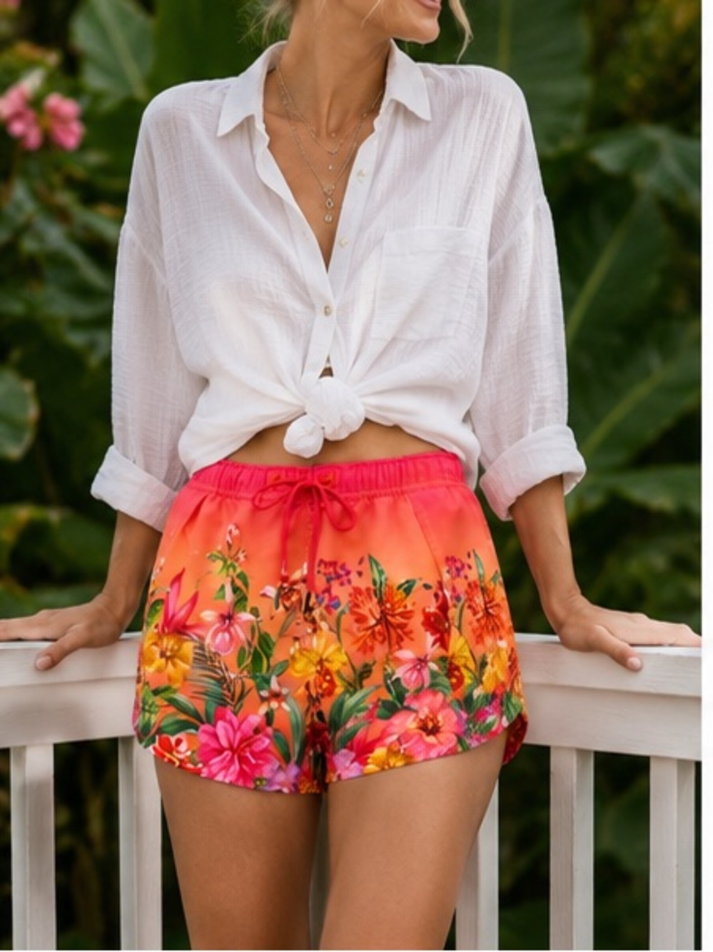 JOHNNY WAS Kairi Wrap Tropical Floral Shorts - Hot Pink & Orange - NWT